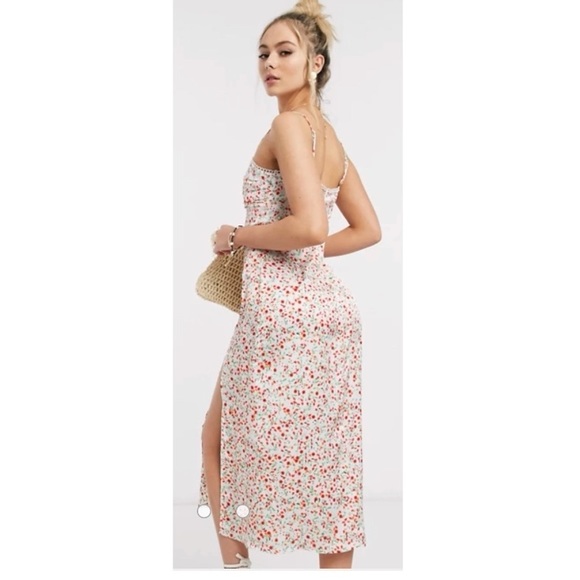 Skylar Rose U-Bar Floral MIDI Slit Dress Large White Pink, calf Length NWOT - Picture 15 of 15